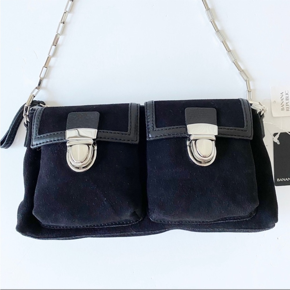NWT Banana Republic Black Suede Purse Handbag with Silver Details Front Pockets - Picture 13 of 15